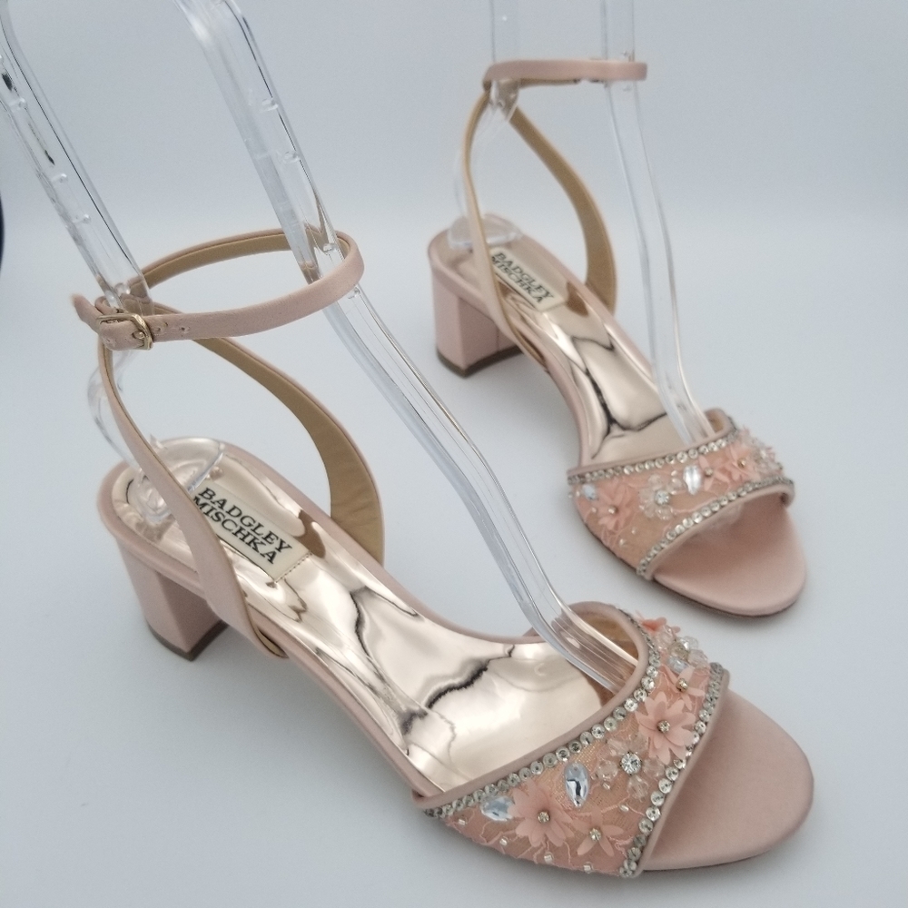 Badgley Mischka Taylin Low Heel Glamour Sandals, Soft Blush (Light Pink), Sz 7.5